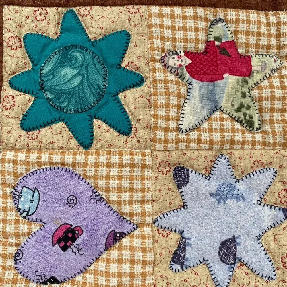 Handmade Patchwork Quilt Blanket Applique Moon Star Heart Multicolor Stripes Vtg